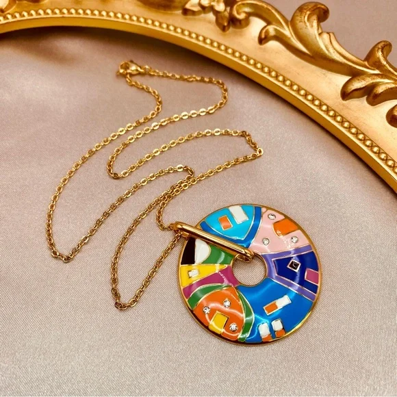 18K Gold Titanium Enamel Positano Village Medallion Pendant Dainty Necklace - Picture 2 of 9